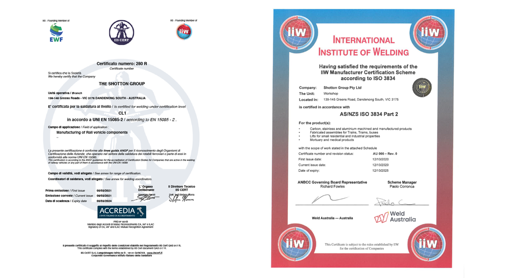 Shotton Group welding team with dual certification EN 15085-2 and AS/NZS ISO 3834-2